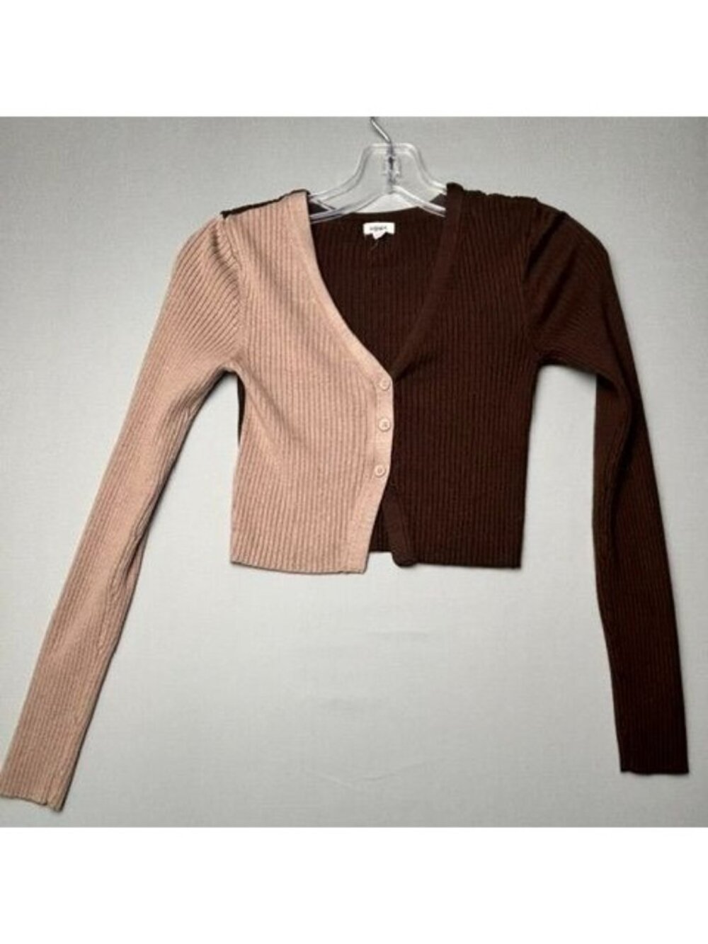 Garage Colorblock Rib Knit Crop Cardigan Top XS Brown Beige Long Sleeve Y2K